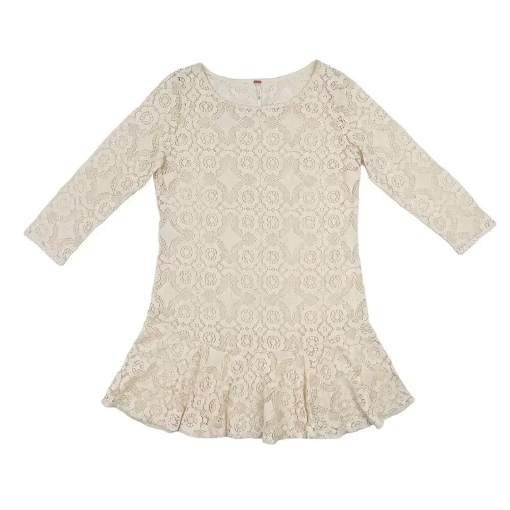 Free People Dress Womens 10 Ivory Lace Ruffle Hem 3/4 Sleeve Sheath *Read